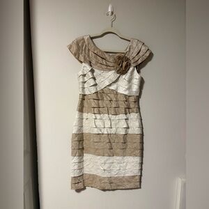 London Times Ivory and Taupe One-Shoulder Layered Dress 12
